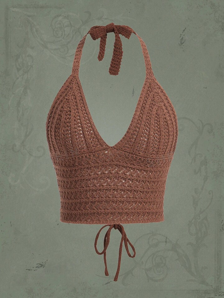 ROMWE Top de punto unicolor de espalda abierta con cordón halter | SHEIN