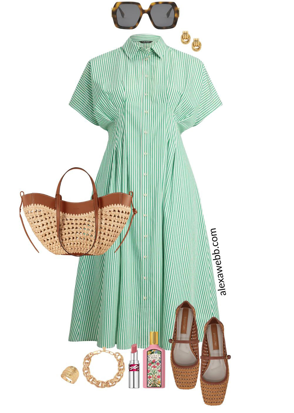 Plus Size Green Stripe Dress Outfits - A plus size green striped dress for spring styled 5 ways! A plus size green and white short-sleeved striped shirt dress for work. Add a raffia and leather tote bag, Mary Jane flats, and gold jewelry. Alexa Webb #plussize #alexawebb 

 #LTKSeasonal #LTKPlusSize #LTKWorkwear