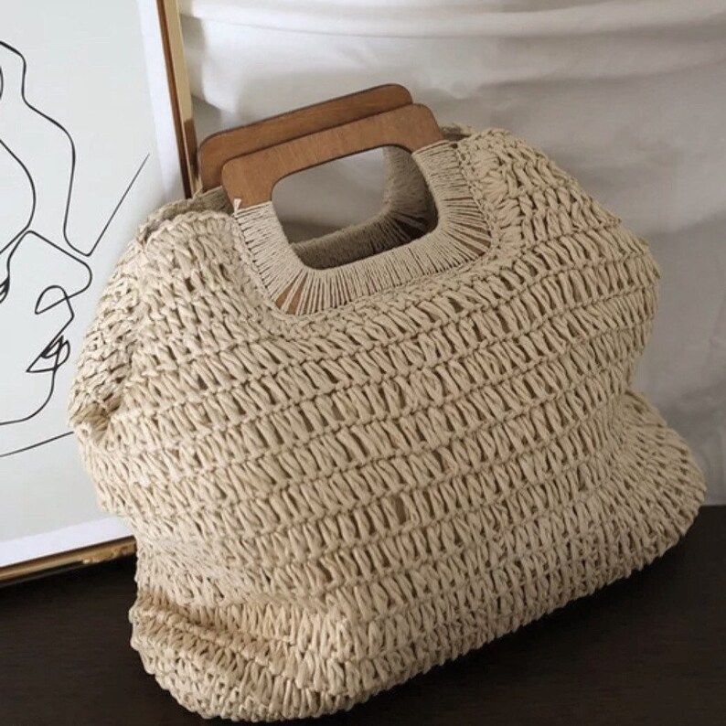 Napa Tote : Bohemian Straw Wicker Raffia Large Tote Beach Bag Wooden Handles Vacation | Etsy (US)