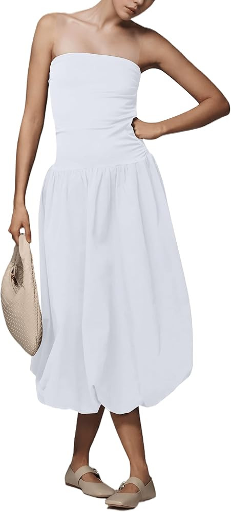 Ythomm Womens Strapless Tube Midi Dress Bubble Hem Drop Waist Long Dress Casual Elegant Off Shoulder Flowy Party A line Dress | Amazon (US)
