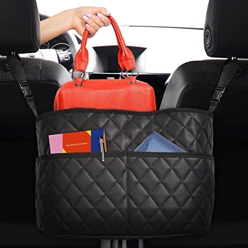 JT Home Car Net Pocket Handbag Holder Between Seats, Luxury Quilted PU Leather Purse Car Organizer W | Amazon (US)