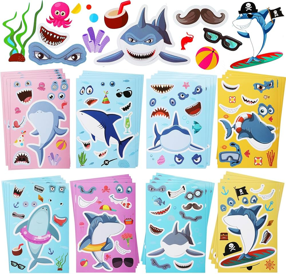 Cleverplay Make Your Own Shark Sticker, 24 Sheets, Shark Party Favors, Birthday Decorations | Amazon (US)