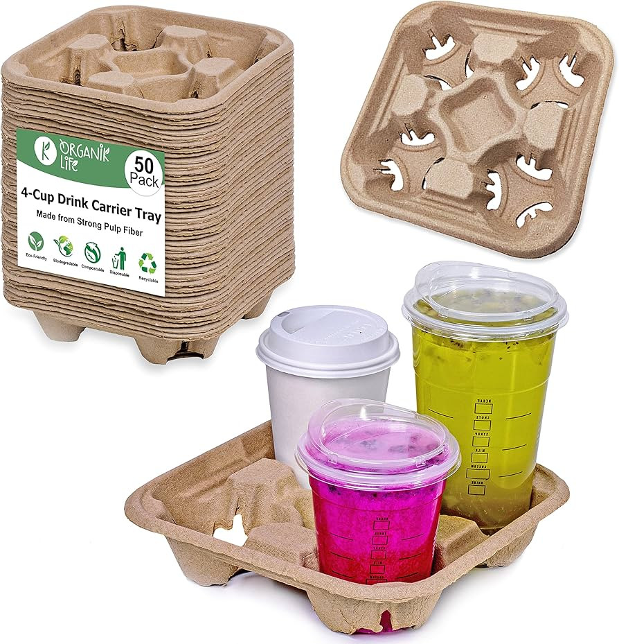 4 Cup Carrier Tray (50-Pack), No-Spill, No-Mess Disposable Holder, Biodegradable, Eco-Friendly fo... | Amazon (US)