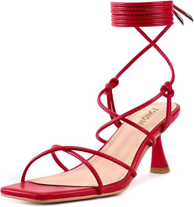 ISNOM Strappy Sandals for Women Kitten Heels Lace Up Heels Stiletto Heels Wrap Around Heels with ... | Amazon (US)