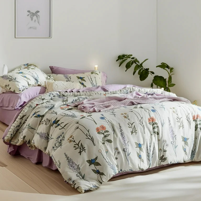 Floral White Comforter Set - Full Size, Fluffy Soft Microfiber Comforter, 3 Pieces Cute Botanical... | Walmart (US)