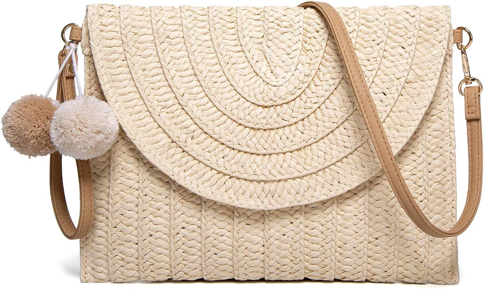 Straw Shoulder Bag Straw Clutch Women Hand-woven PomPom Straw Crossbody Bag Summer Beach Envelope... | Amazon (US)