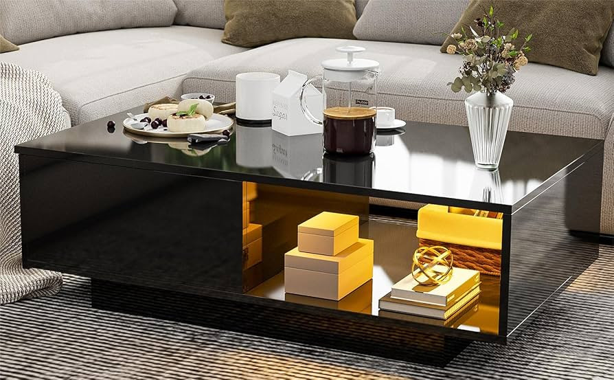 IKIFLY Modern High Glossy Coffee Table with 16 Colors LED Light, Rectangle Cocktail Coffee Table,... | Amazon (US)