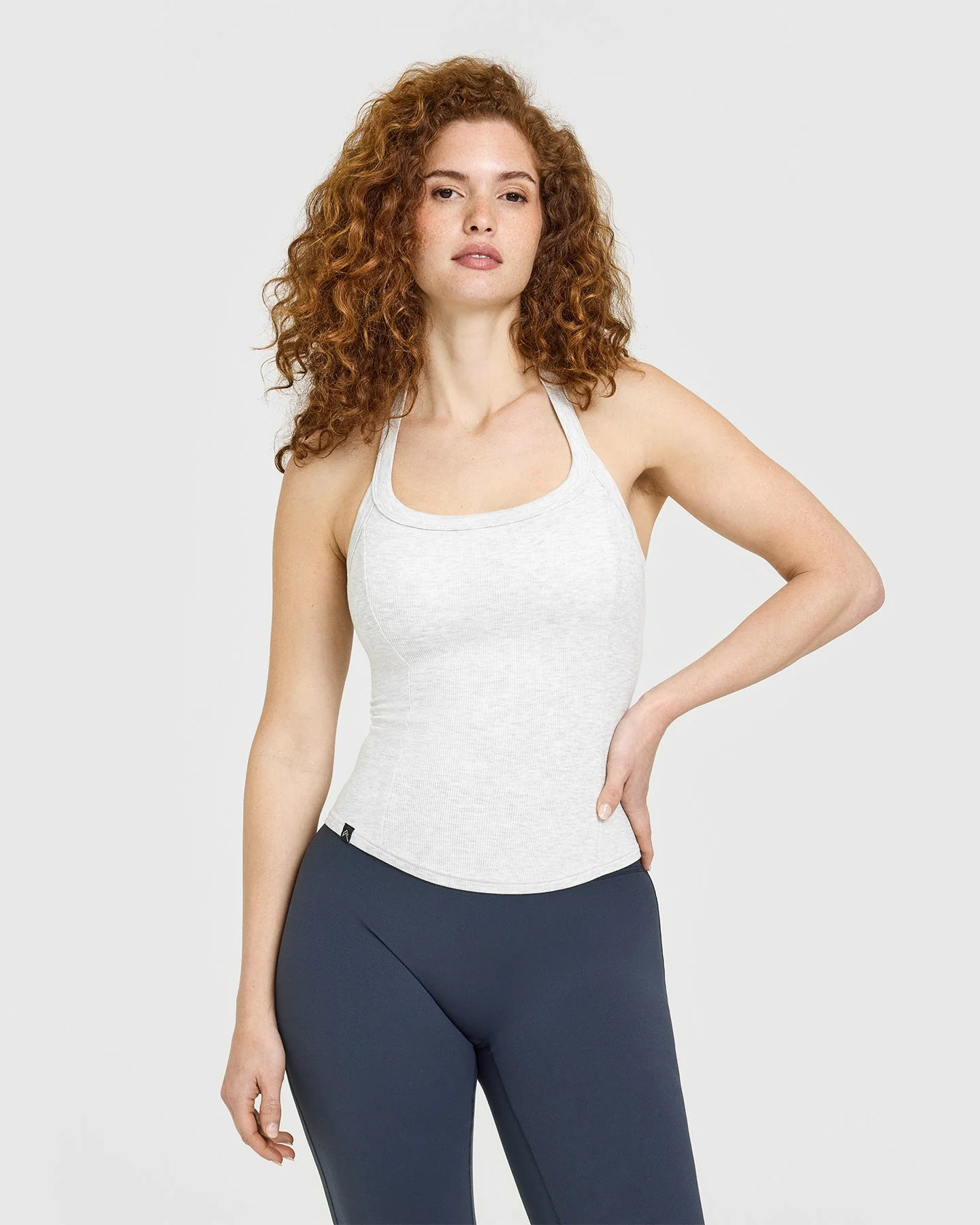 Mellow™ Rib Halter Neck Vest with Built in Bra Shelf 
 Light Grey Marl | Oner Active (UK / US)
