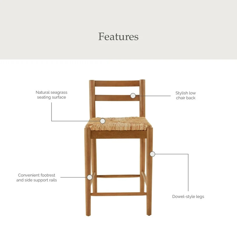 My Texas House Laurel Counter Stools with Woven Seagrass Seat, Kitchen, Warm Brown, 2 Pack | Walmart (US)