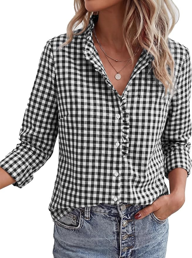 PRETTYGARDEN Womens Long Sleeve Button Down Shirts | Soft Cotton Fabric, Fashion Plaid Shirt, Bas... | Amazon (US)