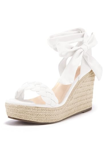 Syktkmx Womens Braided Wedge Espadrille Sandals Lace Up Slingback Open Toe Summer Platform Heeled Shoes, White, Size 9.5 | Amazon (US)