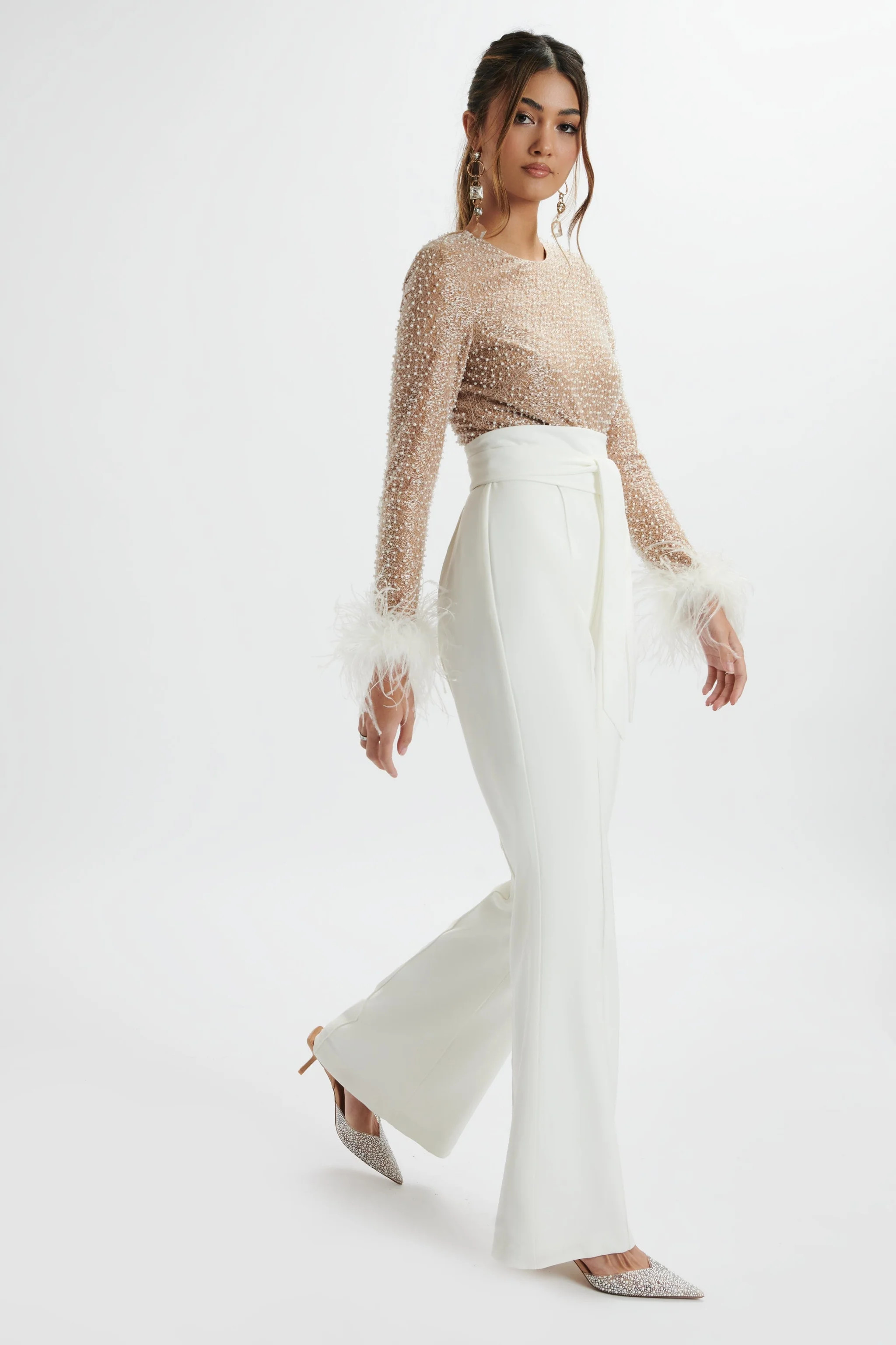 RAISA Pearl Embellished Feather Cuff Jumpsuit In White | Lavish Alice Retail Ltd