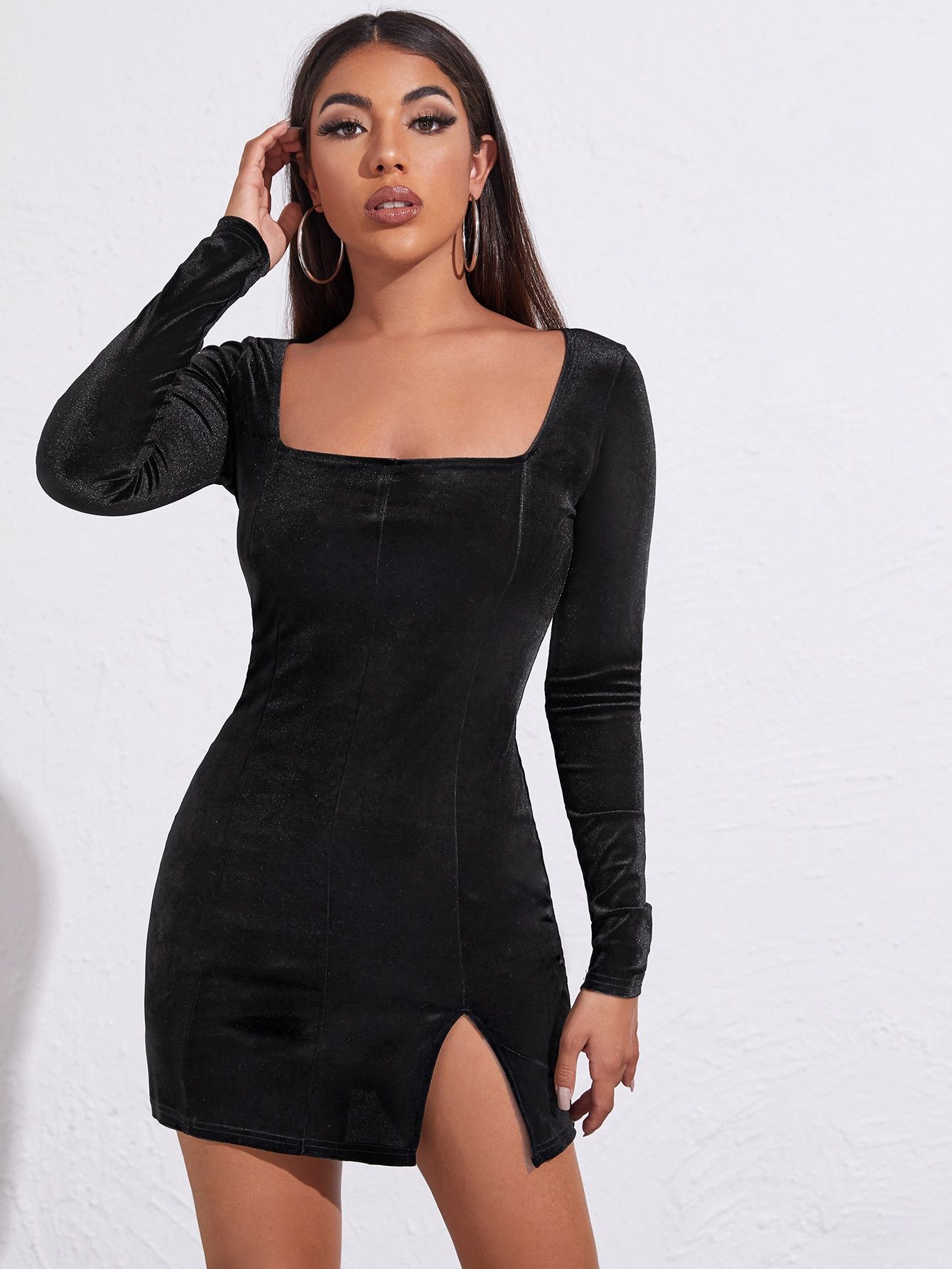 Split Hem Velvet Bodycon Dress | SHEIN