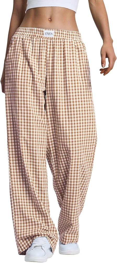 LOMON Women's Striped Gingham Boxer Pants Cotton Pajama Lounge Pj Casual Plaid Trousers Y2K Beach... | Amazon (US)