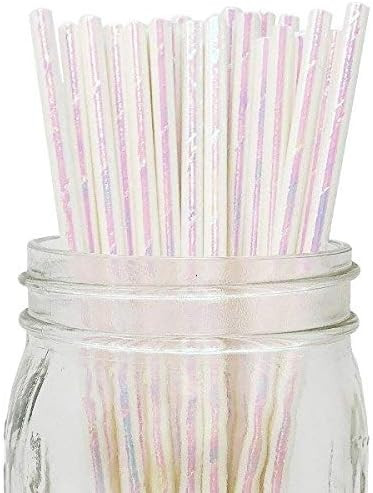 N//C Iridescent White Papers Straws, 7.75'' Cocktail Drinking Straws For Party Pack Of 100 | Amazon (US)