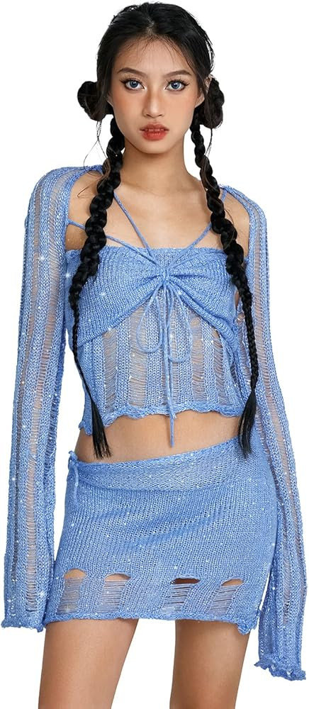 Women's Crochet Knit 2 Piece Skirt Sets Hollow Out Knitted Crop Top Bodycon Mini Skirt Set Beach ... | Amazon (US)