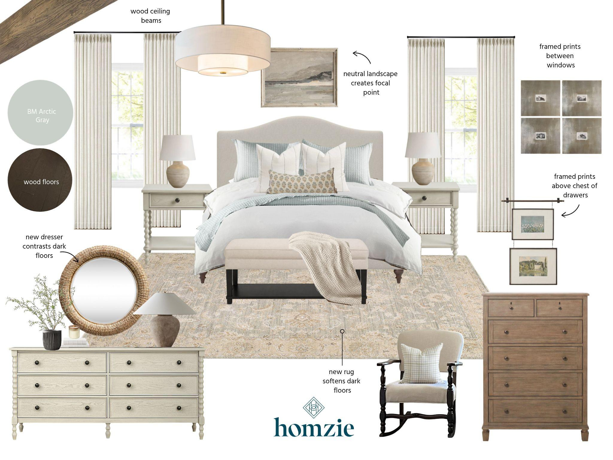 A bedroom designed to feel calm, collected, and effortlessly timeless. 🤍✨

Soft layers of ivory, warm wood, and subtle blue create a peaceful retreat that's both elegant and inviting. Floor-to-ceiling drapery and wood ceiling beams draw the eye upward, adding height and architectural interest, while a neutral landscape above the bed creates a serene focal point. A layered rug softens the dark wood floors, and thoughtfully selected artwork, warm wood furniture, and textured accents bring balance and warmth throughout the space.

Designed for slowing down, unwinding, and waking up refreshed.

#LTKHome #PrimaryBedroom #BedroomDesign #NeutralHome #InteriorDesign #BedroomInspo #TimelessStyle #HomeDecor #LTKCreator 

 