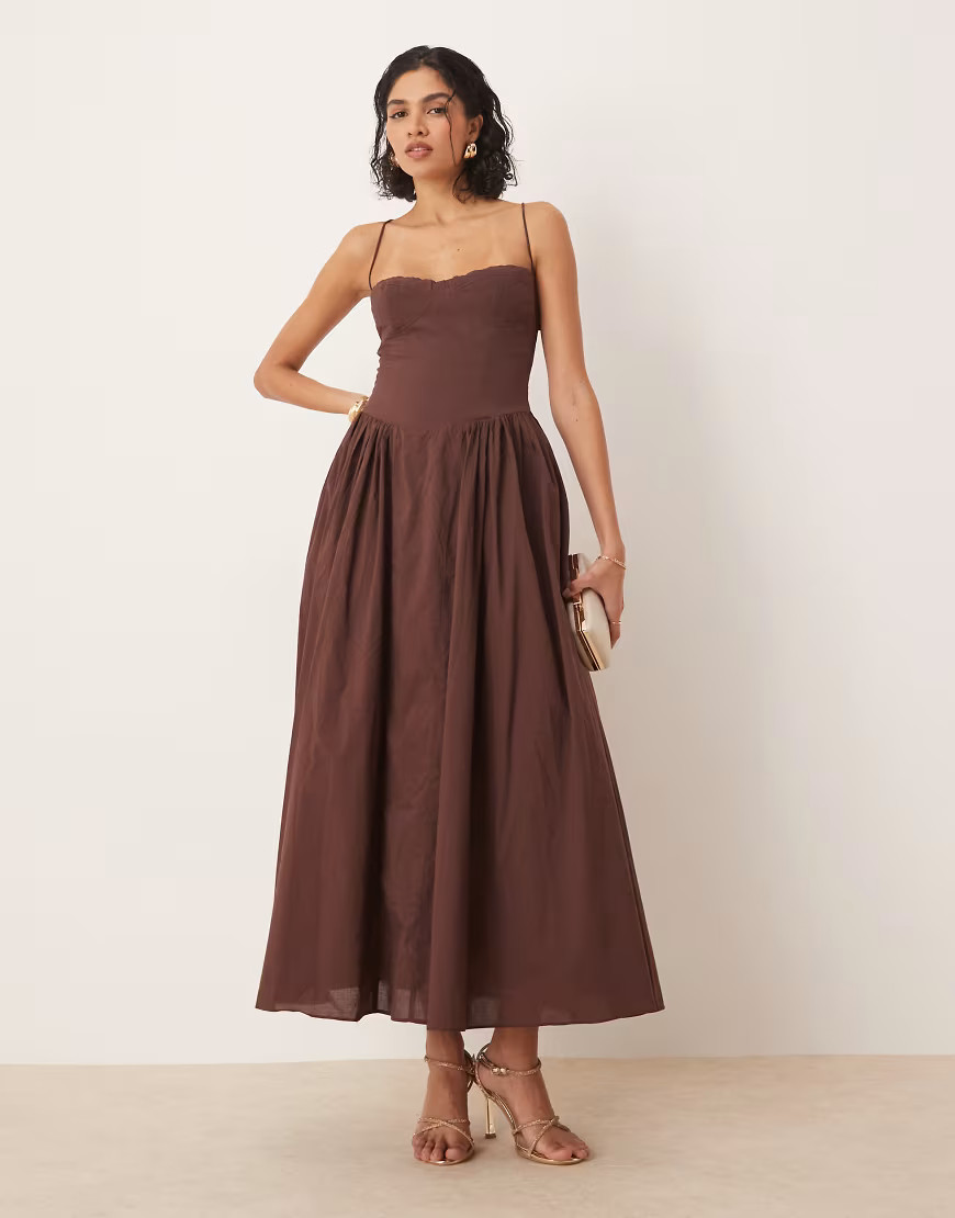 Bardot tie back corset maxi dress in chocolate-Brown | ASOS (Global)