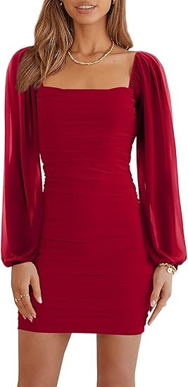 Ofenbuy Women's Mesh Long Sleeve Dress Square Neck Ruched Mini Bodycon Dress Stretch Party Cockta... | Amazon (US)