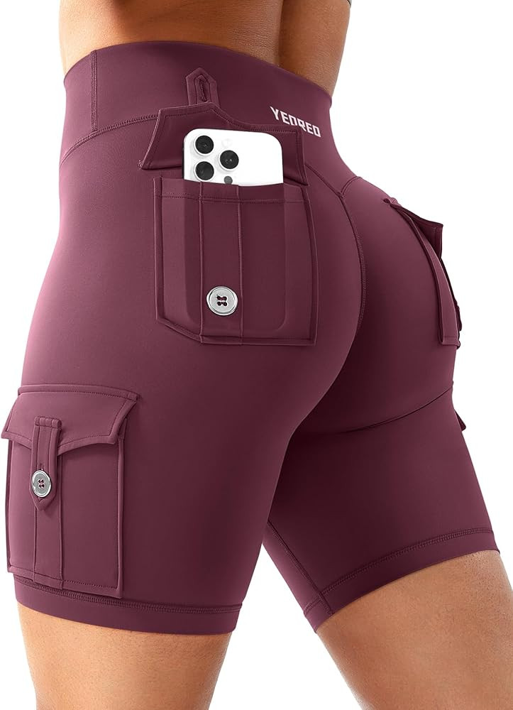 YEOREO CoreFlex Women Workout Biker Shorts with Cargo Pockets Hidden Scrunch High Waisted 8" Inse... | Amazon (US)