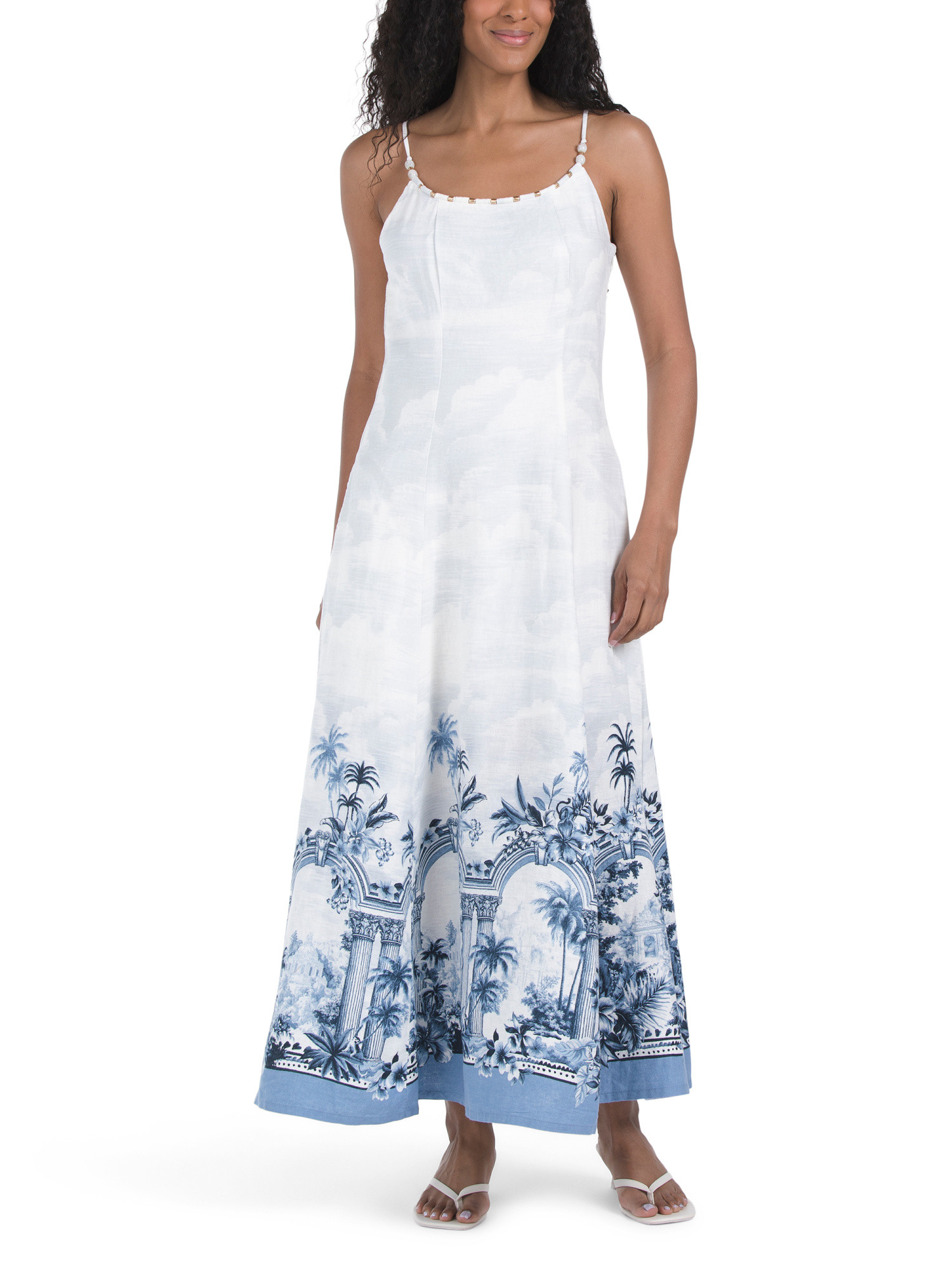 Linen Blend Tropical Building Midi Dress | TJ Maxx