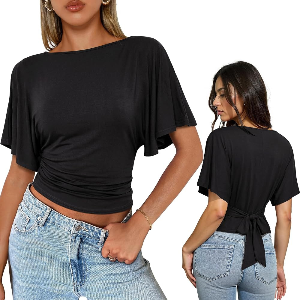 Women's Flutter Sleeve Cinched Tops Wrap Tie Back Waist Blouse Boat Neck Flattering Elegant Ruche... | Amazon (US)
