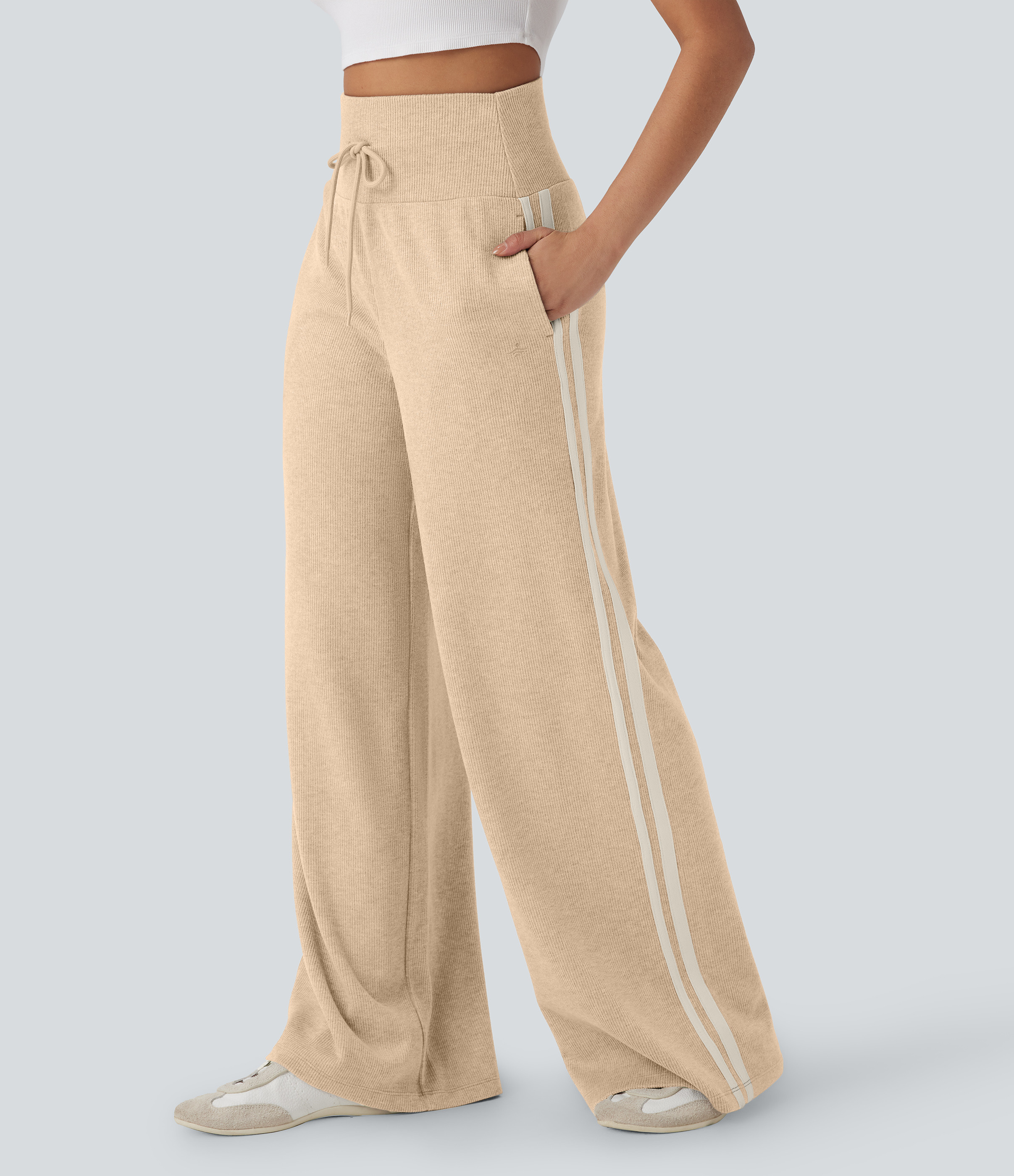 Halara Ribbed SoCinched High Waisted Tummy Control Drawstring Wide Leg Color Block Casual Pants with Pockets - Soft Drift - S(regular) | HALARA