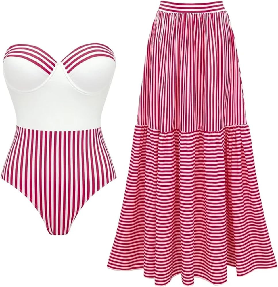 FLAXMAKER Women's Retro One Piece Bandeau Striped Bathing Suit with Adjustable Strap Swimsuit and... | Amazon (US)