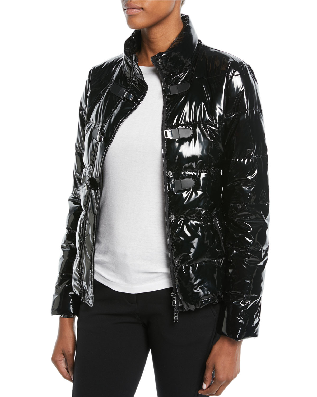 Shiny Quilted Puffer Jacket w/ Hook Closure | Neiman Marcus