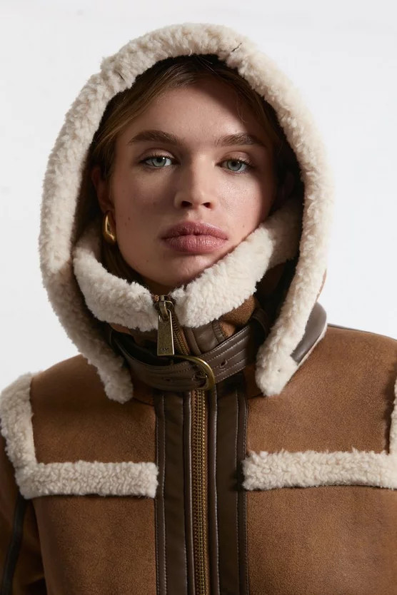 Faux Shearling Contrast Trim Hooded Midi Coat | Karen Millen UK + IE + DE + NL
