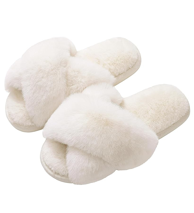 Evshine Women's Fuzzy Slippers Cross Band Memory Foam House Slippers Open Toe | Amazon (US)