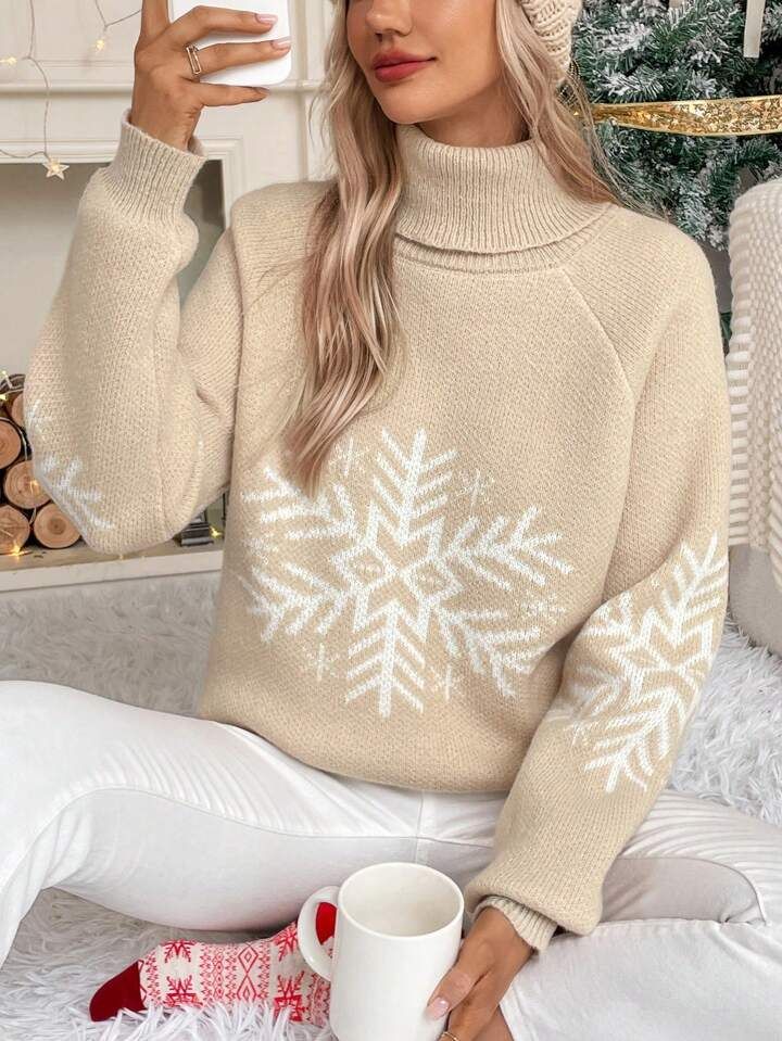 SHEIN LUNE Snowflake Pattern Turtleneck Raglan Sleeve Sweater | SHEIN