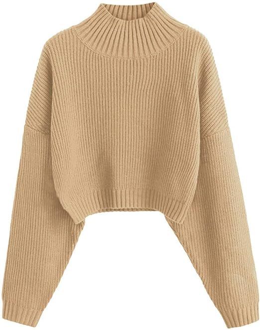 ZAFUL Women's Pullover Sweater Drop Shoulder Plain Knitted Cropped Sweater Pullover Solid Long Sl... | Amazon (US)