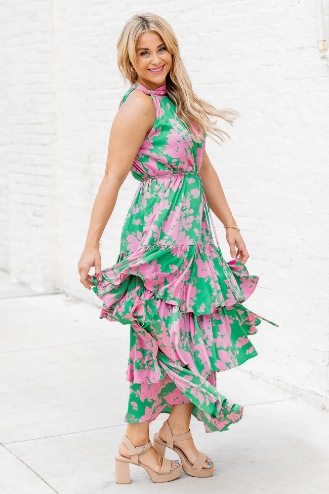 An Inspiration Green and Pink Printed Satin Halter Maxi Dress | Pink Lily