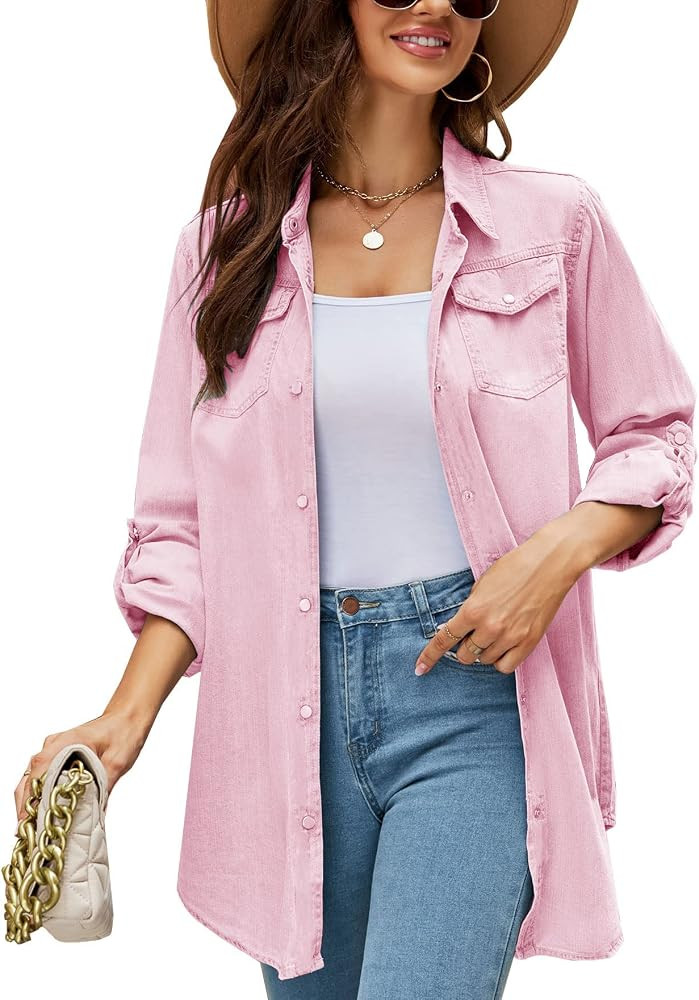 Kedera Womens Button Down Denim Shirt Long Sleeve Roll Up Boyfriend Jean Jacket Shacket | Amazon (US)