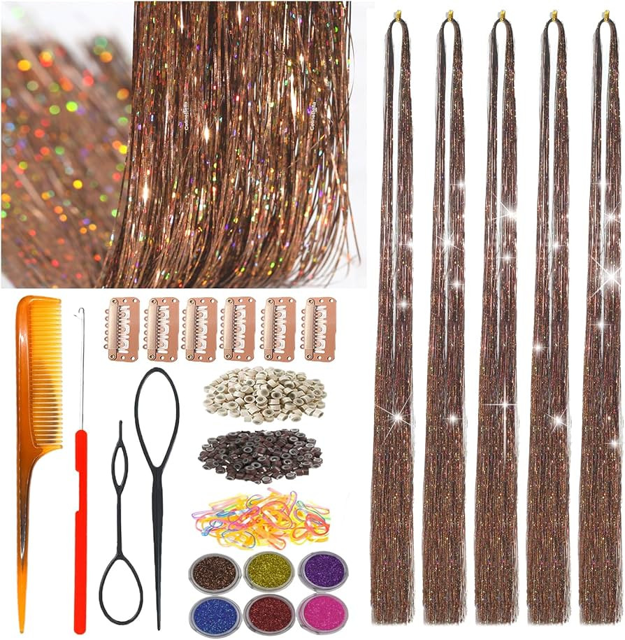 Hair Tinsel Kit with Tools Coffee Brown Tinsel Hair Heat Resistant Fairy Hair Sparkling Shiny Gli... | Amazon (US)