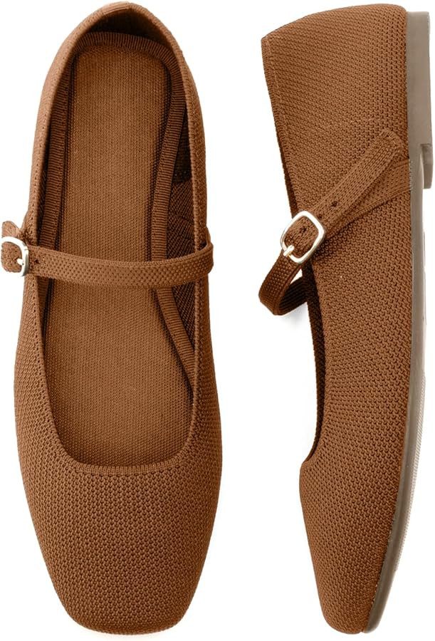 Knit Flats for Women Square Toe Flats Casual Ballet Flats with Ankle Strap,Mary Jane Shoes Women ... | Amazon (US)