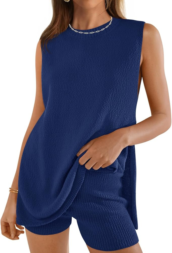 ZESICA Women's Summer Two Piece Sweater Lounge Sets 2024 Casual Knit Trendy Tunic and Shorts Outf... | Amazon (US)