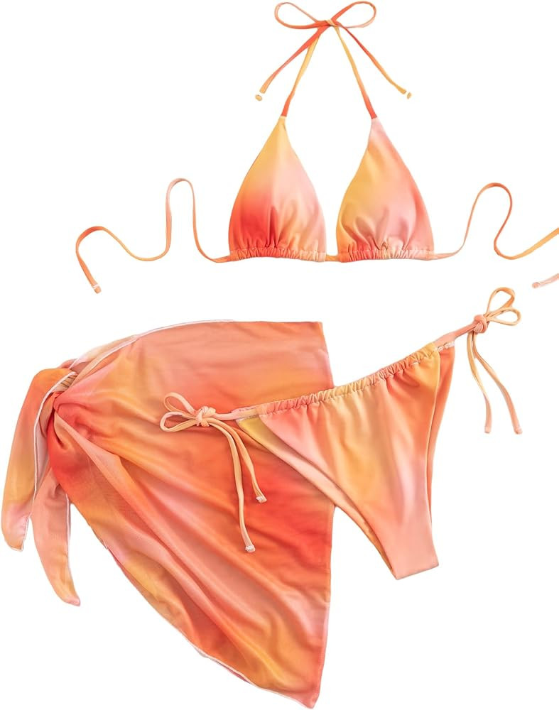 Verdusa Women's 3 Piece Ombre Halter Triangle Bikini Sets Swimwear Bathing Suit with Wrap Cover U... | Amazon (US)