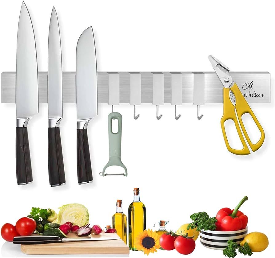 16 Inch Heavy Duty Kitchen Magnetic Knife Strip-With Additional 5 Hooks-Multipurpose Stainless St... | Amazon (US)