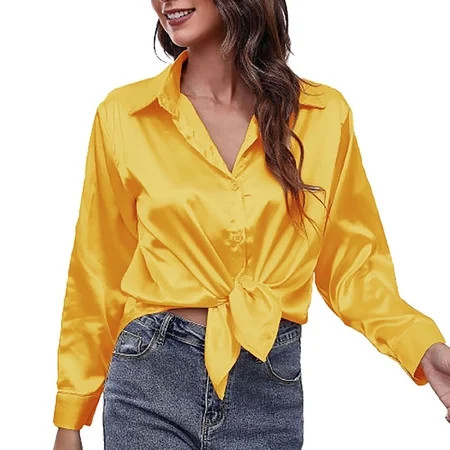 JGGSPWM Womens 2022 Fall Fashion Satin Shirts Solid Bowknot Front Blouse Lapel Long Sleeve Button Tu | Walmart (US)