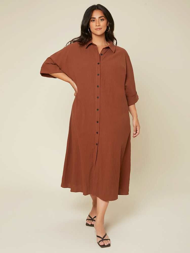 SHEIN BASICS Plus Cuffed Sleeve Solid Shirt Dress | SHEIN