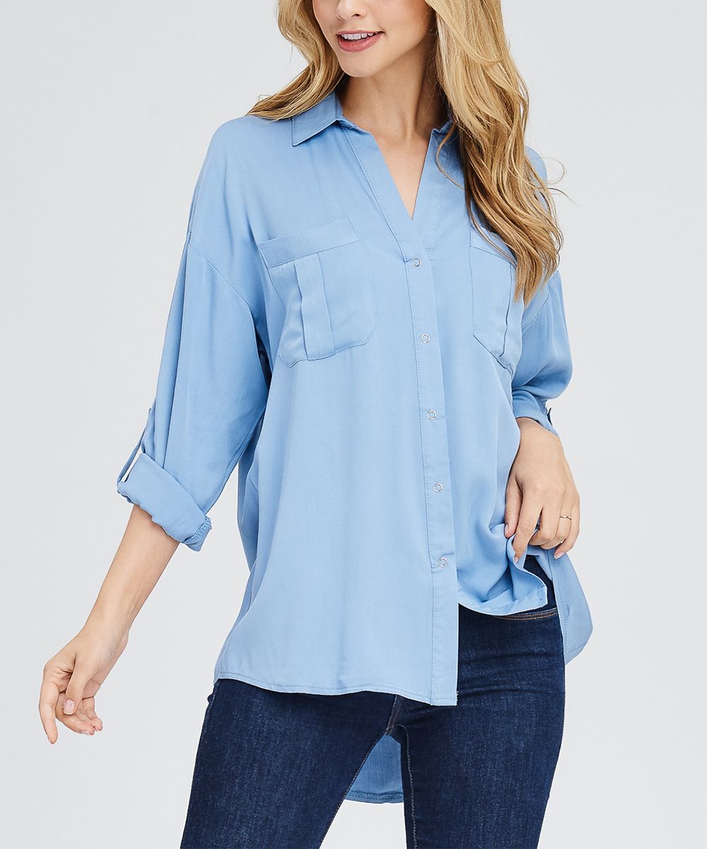 LARA Fashion Women's Button Down Shirts BLUE - Blue Button-Up - Women | Zulily