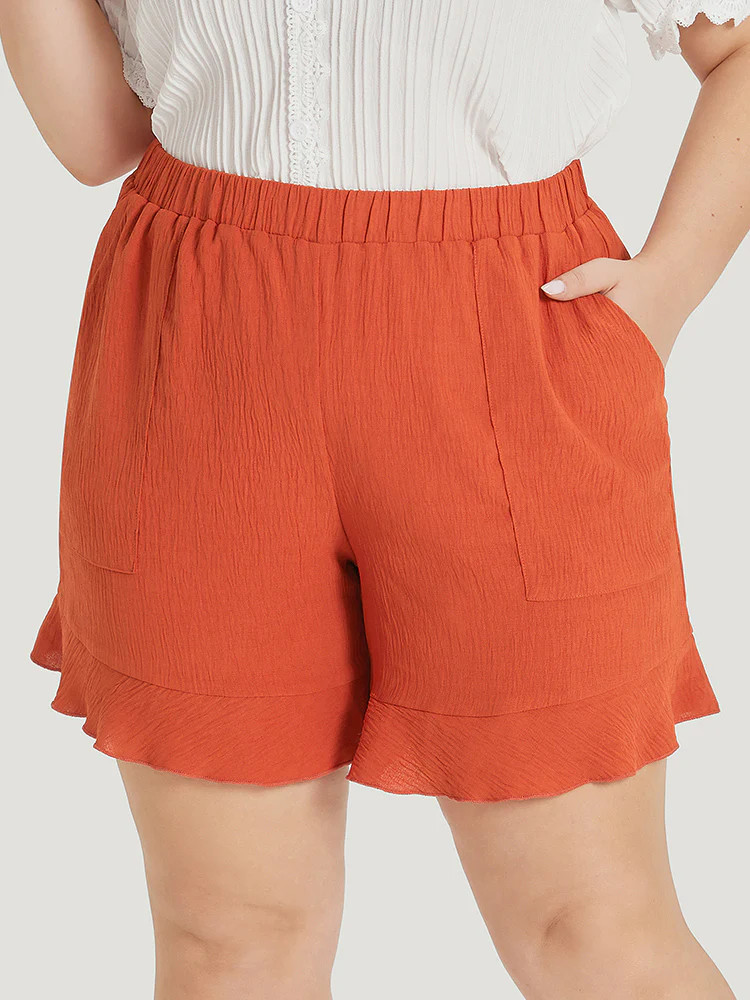 Plain Ruffle Hem Pocket Elastic Waist Shorts | Bloomchic