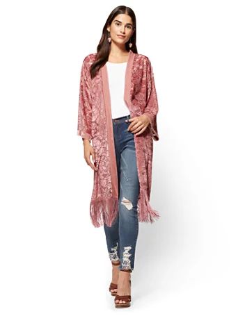 Fringed Burnout Kimono - Pink | New York & Company