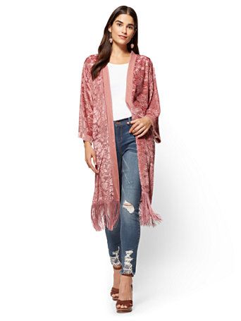 Fringed Burnout Kimono - Pink | New York & Company