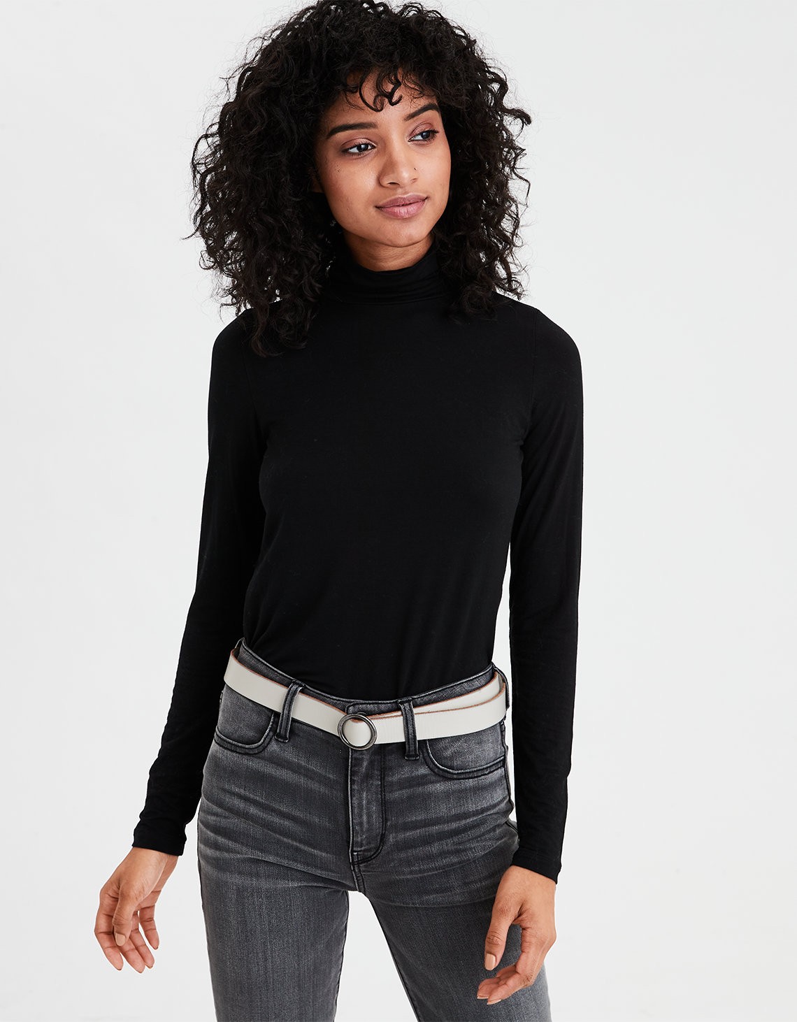 AE Long Sleeve Mock Neck T-Shirt, True Black | American Eagle Outfitters (US & CA)