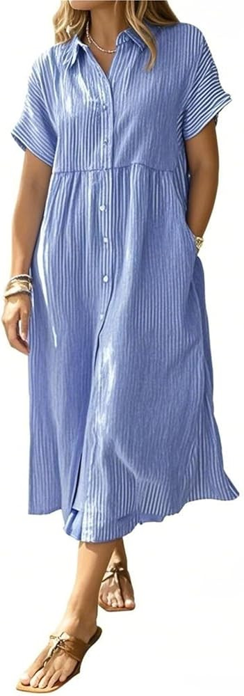 Women's Striped Lapel Button Down Midi Long Shirt Dress Summer Business Casual Short Sleeve Dress... | Amazon (CA)