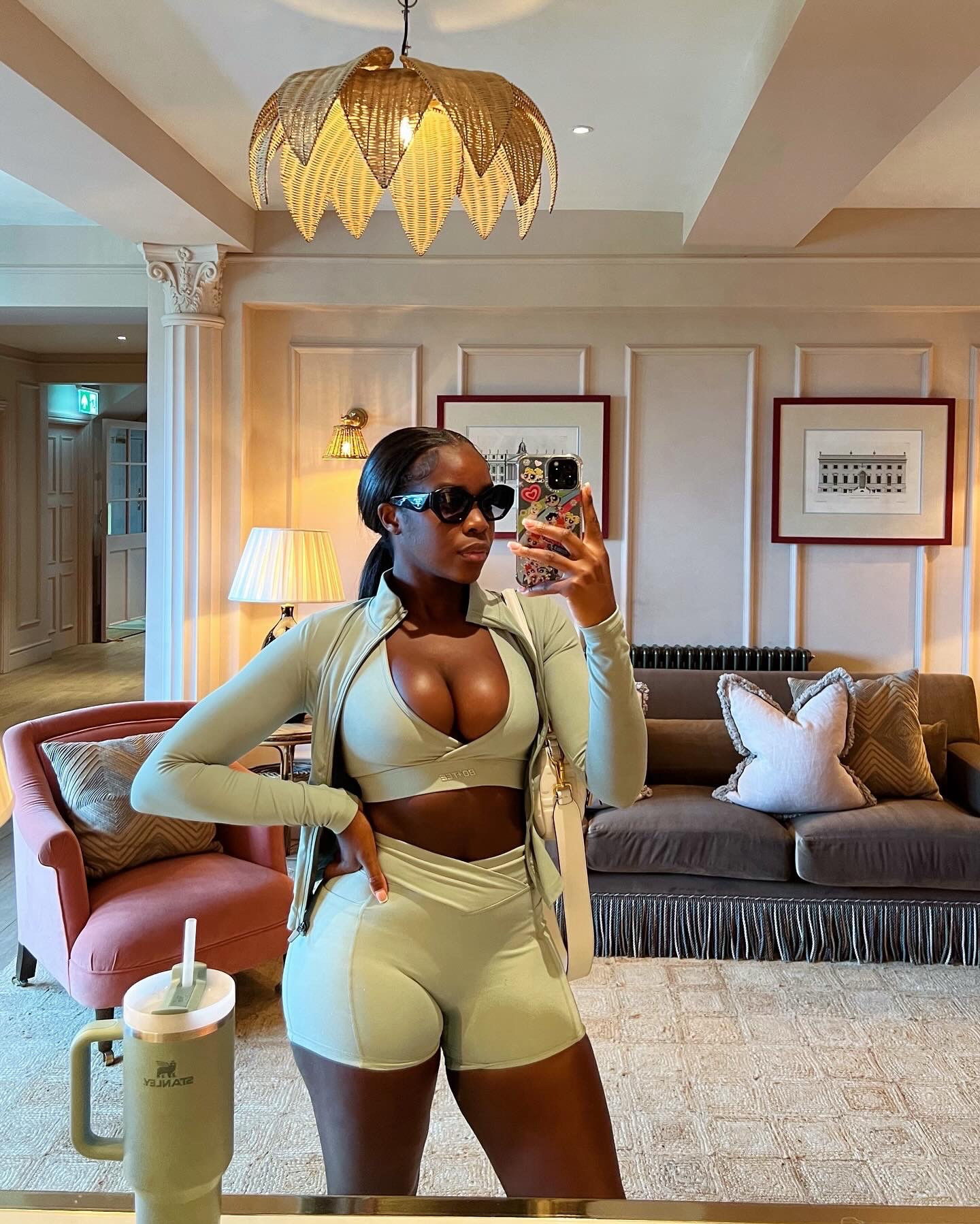 Bo and tee workout set, sage green, sports bra, zip up sports jacket, cycling shorts, gym shorts, gym outfit, work out outfit, Stanley cup 

#LTKSeasonal #LTKstyletip #LTKeurope