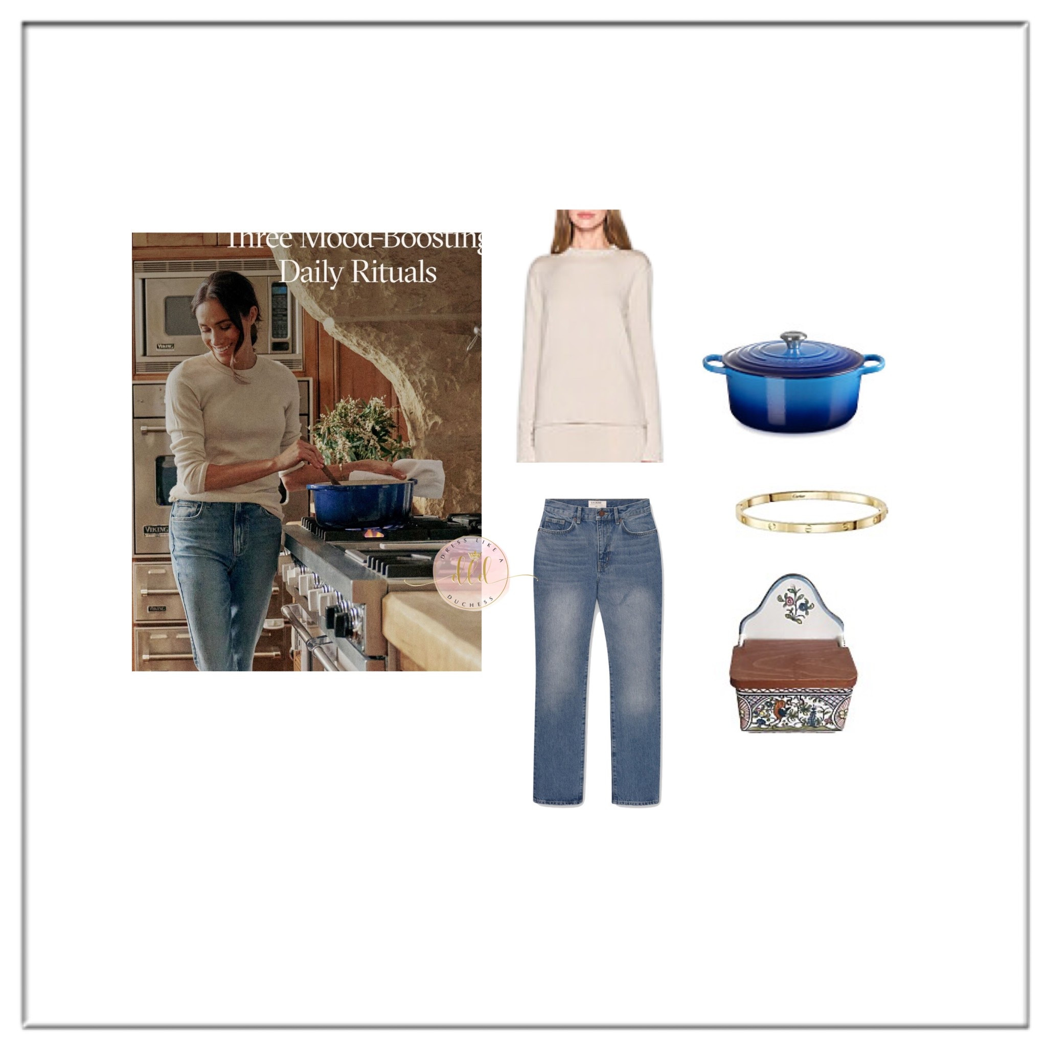 3/8/26 Meghan Markle As Ever newsletter wearing La Ligne jeans + Bleusalt crewneck + Williams Sonoma salt box + Le creuset casserole dish 
